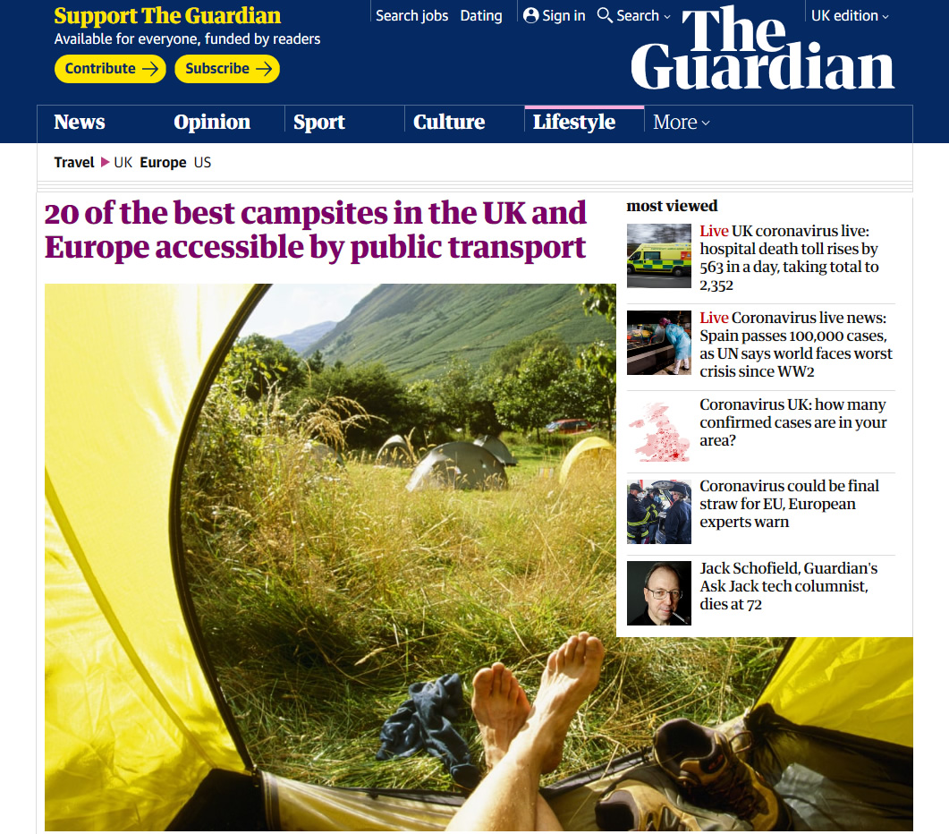 The Guardian, 20 of the best campsites in the UK
